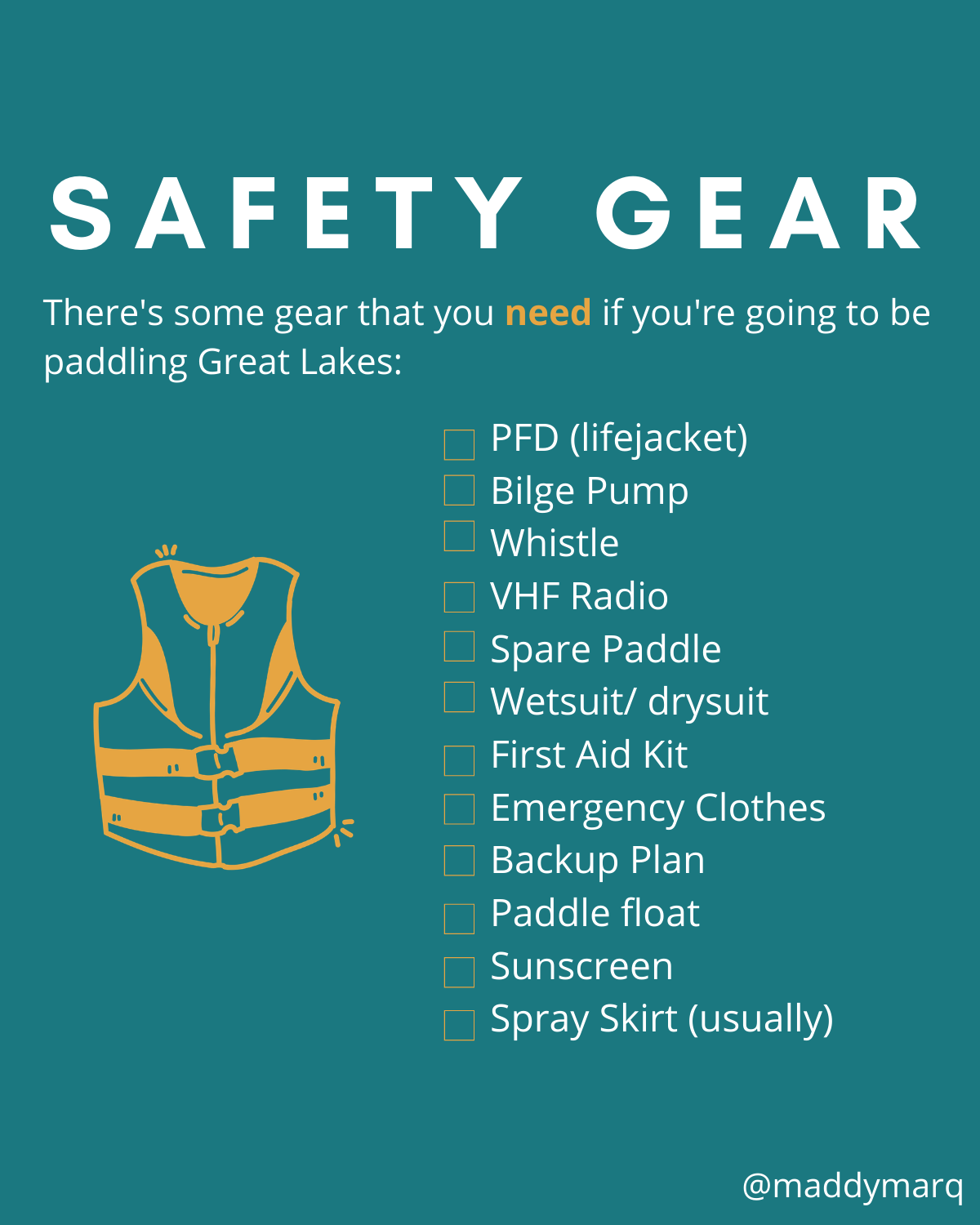 Safety Gear for Kayaking Lake Superior: Life jacket, bilge pump, whistle, VHF radio, spare paddle, wetsuit/drysuit, first aid kit, emergency clothes, backup plan, paddle float, sunscreen, spray skirt