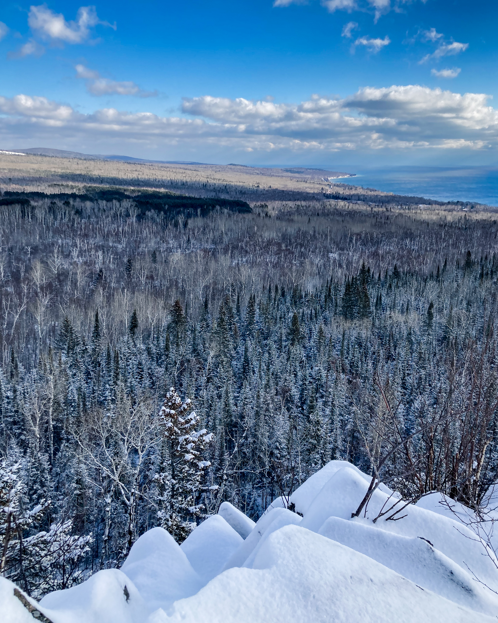Overlook of Lake Superior and forest in the winter from Pincushion Mountain