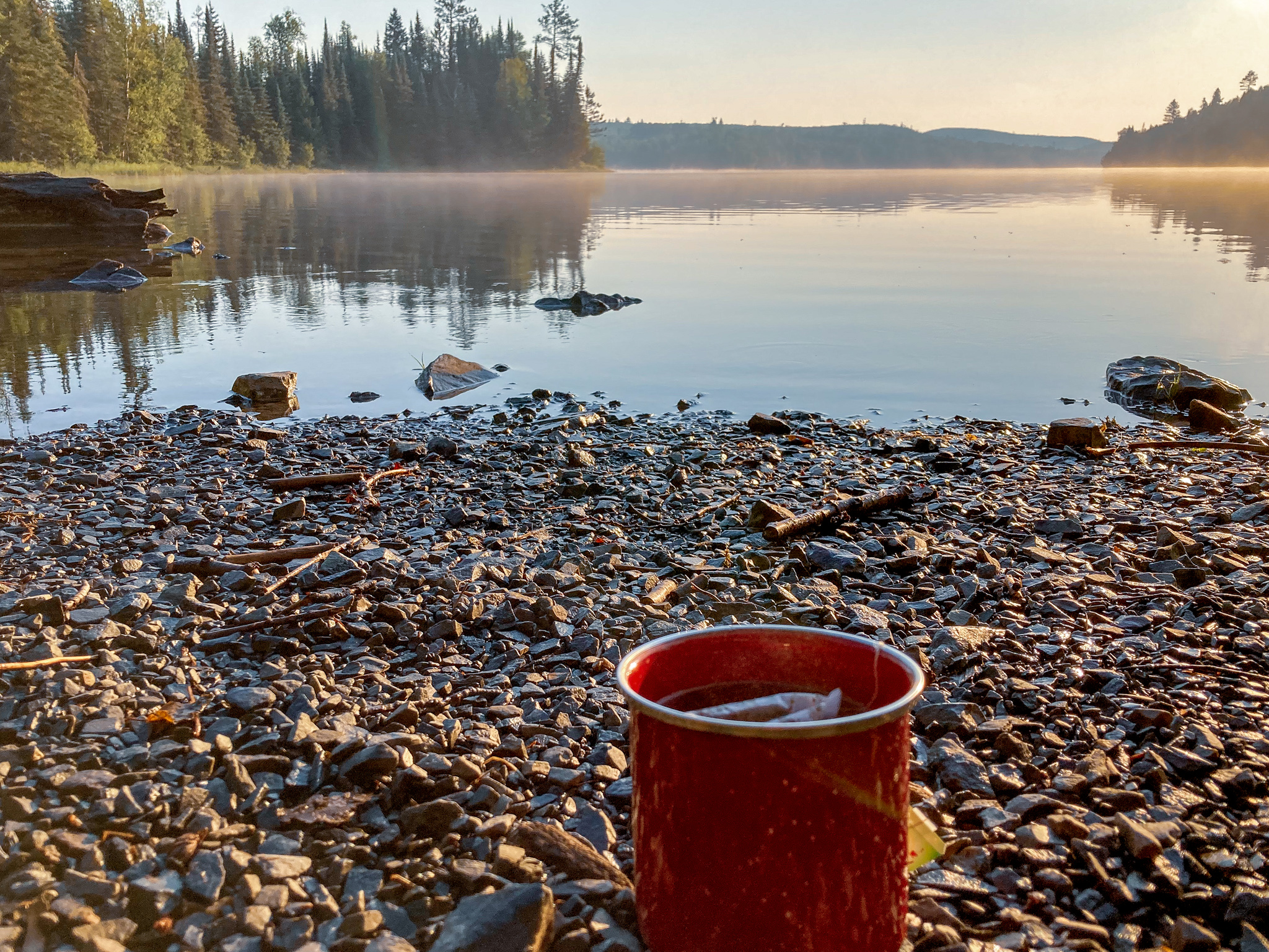 Cup of tea and a calm lake on the Border Route Trail in the BWCA