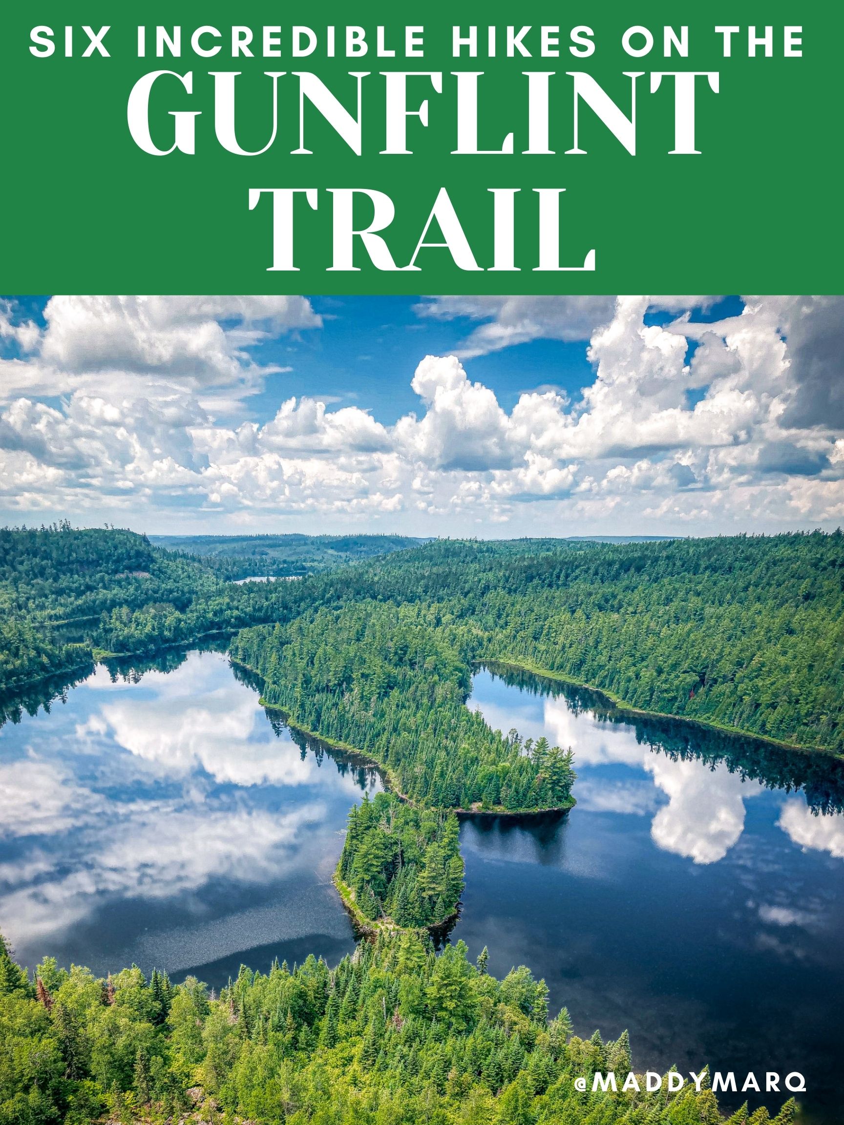 text "best hikes on the gunflint trail" over image of Watap lake at Watap Cliffs on the BRT in the BWCA