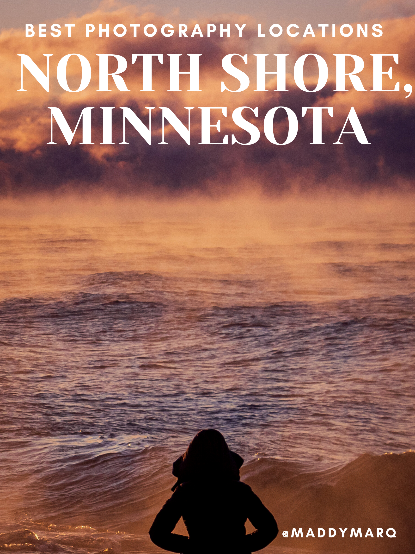 text "Best photography locations on the north shore of Minnesota" over image of waves on Lake Superior at sunrise