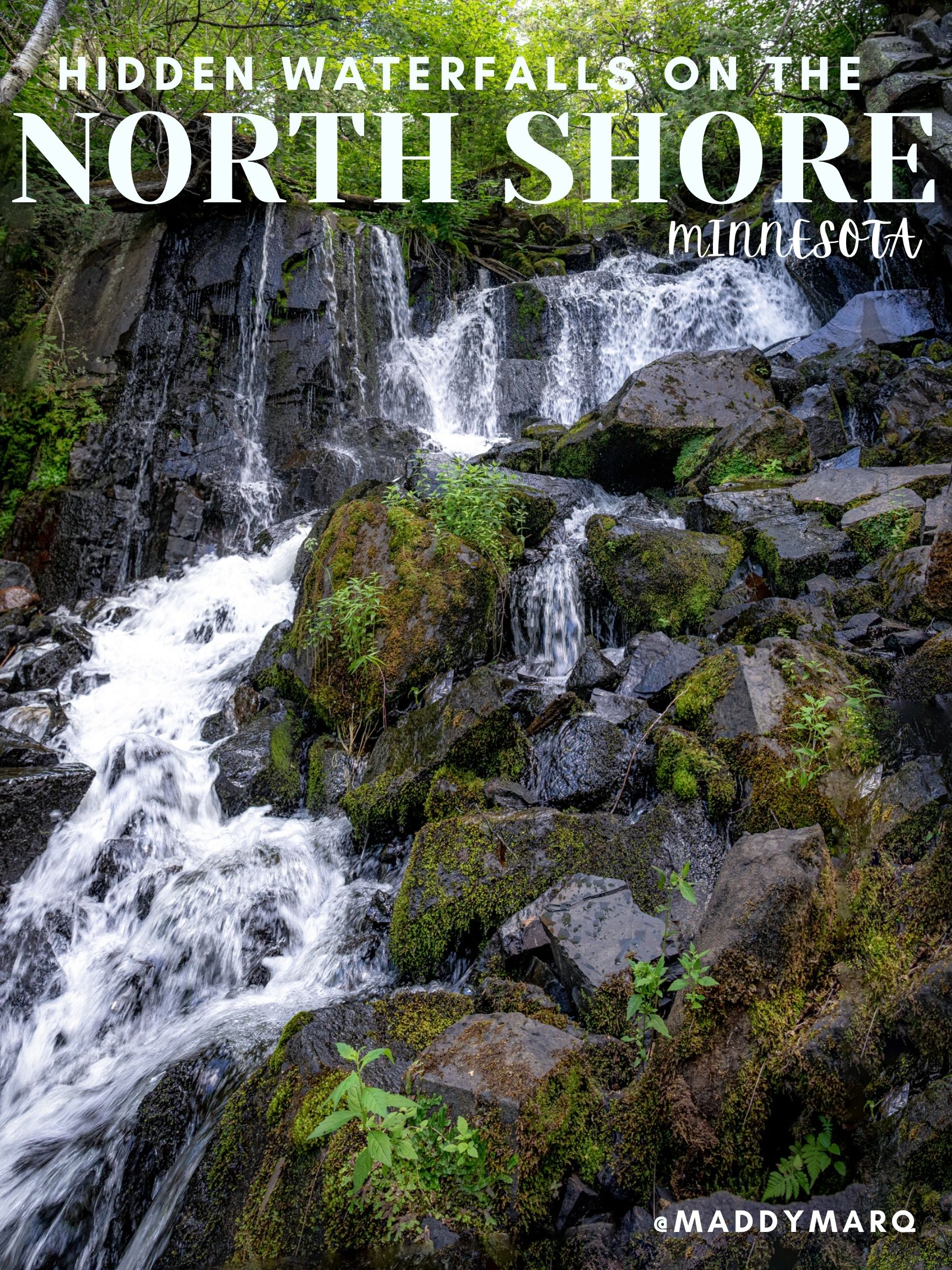 text "hidden waterfalls on the north shore Minnesota" over image of Bridal Falls in the BWCA