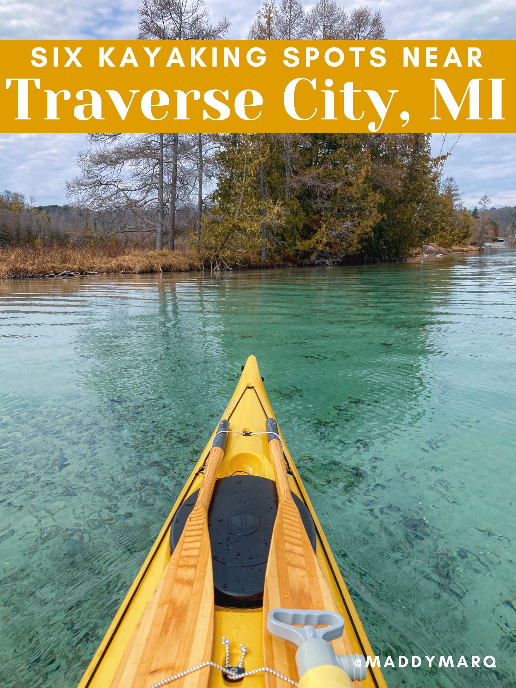 Text "where to kayak near Traverse City Michigan" over image of kayak on the Torch River 