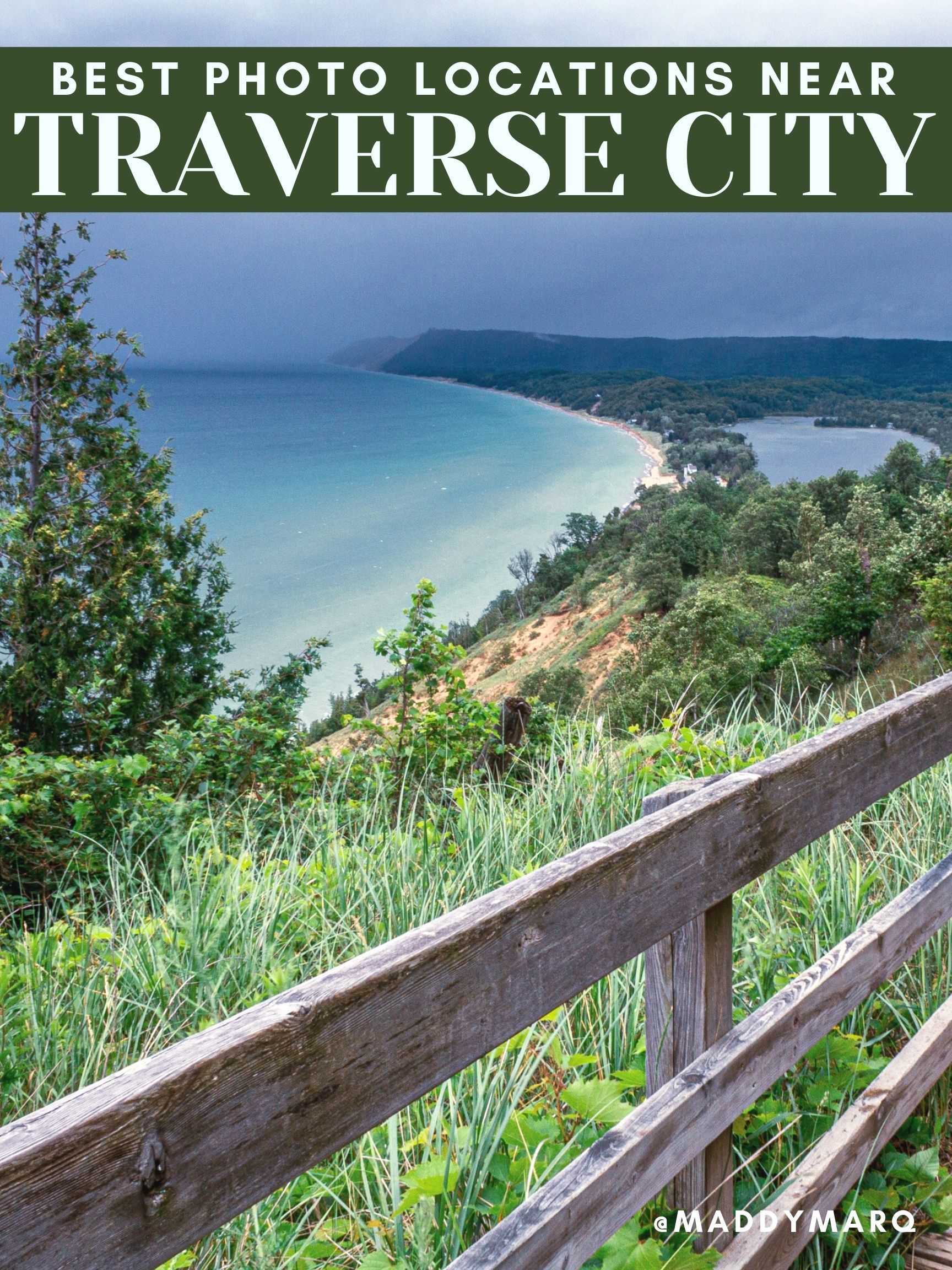 text "best photo locations near traverse city" over image of empire bluffs trail on Lake Michigan