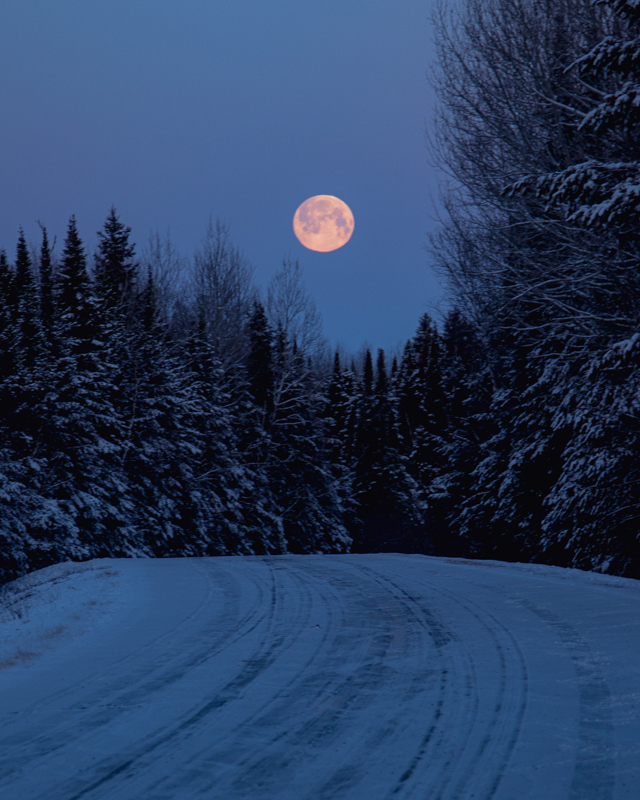 A full moon rises over a wintery Gunflint Trail