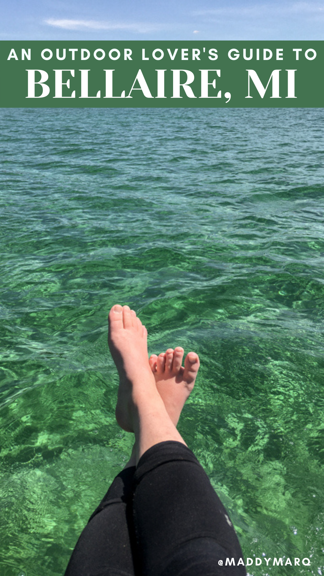 text "where to explore in Bellaire michigan" over image of a swimmers feet at torch lake