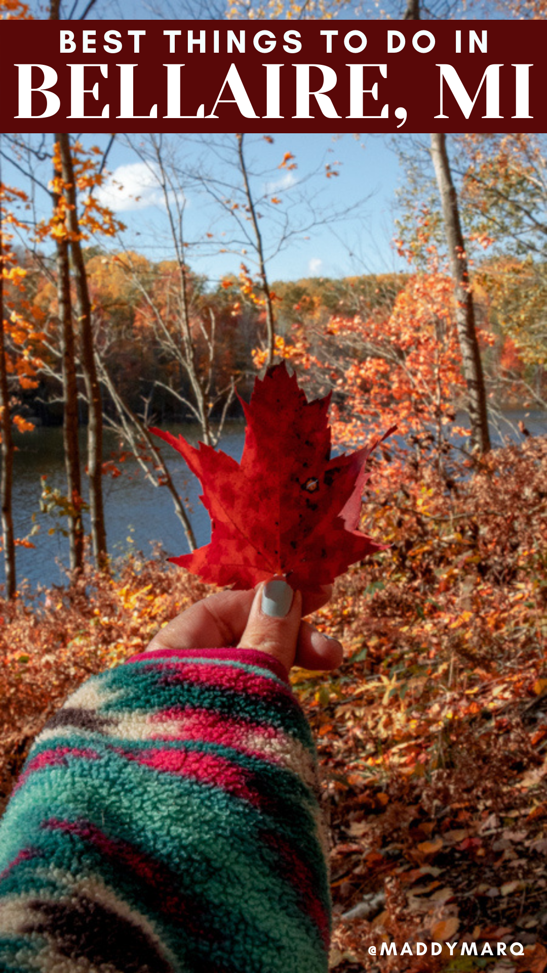text "best things to do in Bellaire michigan" over image of a fall leaf in front of a lake