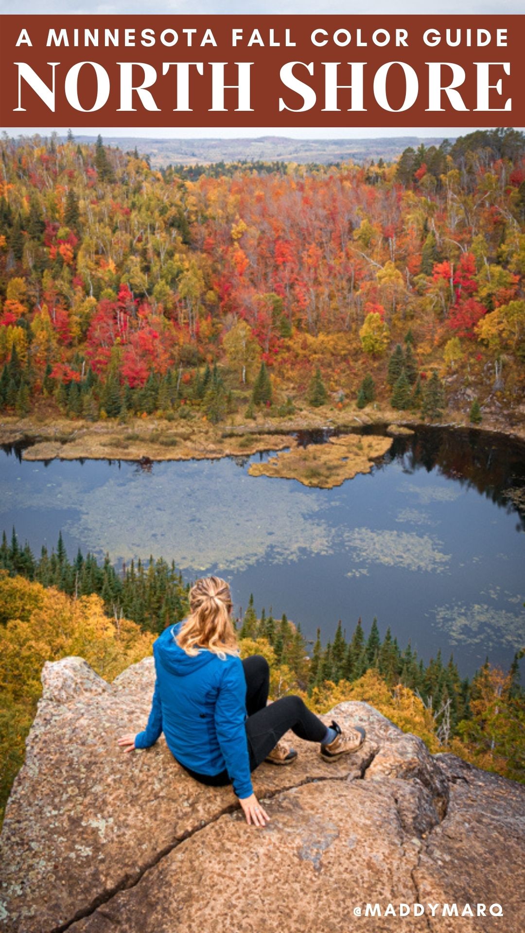 text "best fall hikes in northern Minnesota" over image of a hiker at fantasia overlook in peak fall color on the superior hiking trail