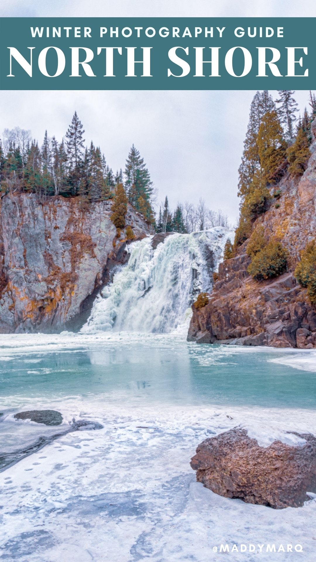 text "north shore winter photography locations" over image of frozen waterfall