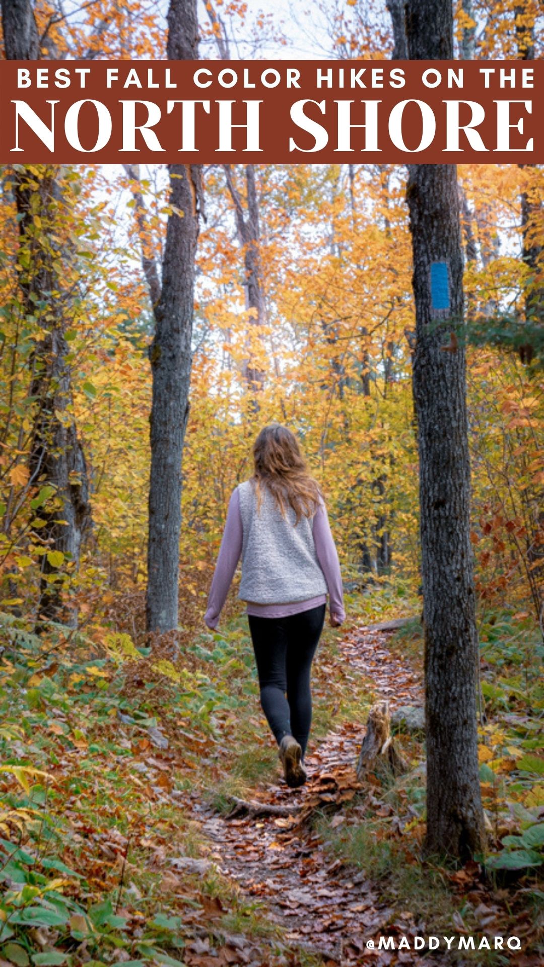 text "best fall hikes on the Minnesota north shore" over image of a hiker on the superior hiking trail in fall colors