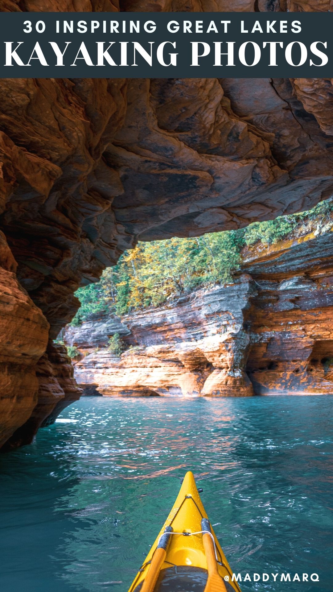 text " 30 inspiring Great Lakes kayaking ideas " over image of a sea kayak in lake superior