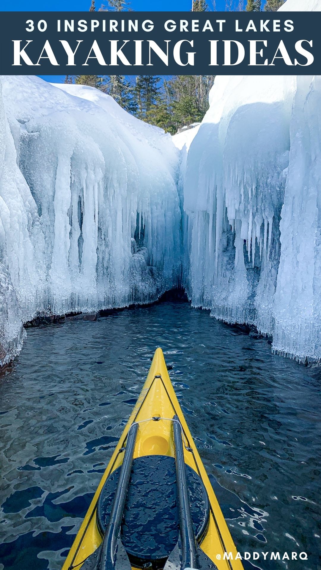 text "30 inspiring Great Lakes kayaking photos" over image of a sea kayak on Lake Superior in the winter near Grand Marais, MN