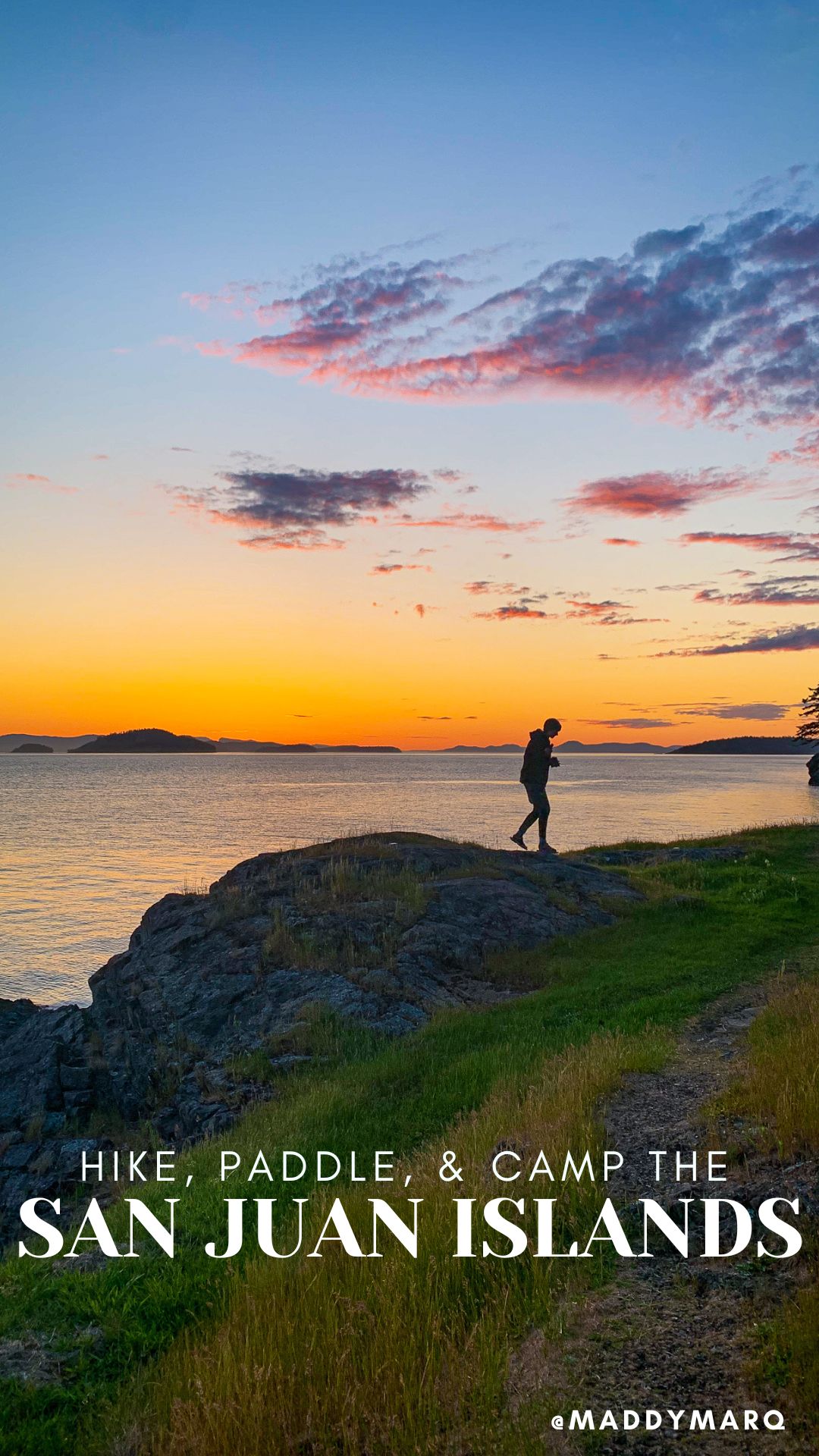 best places to kayak and camp in the San Juan Islands over image of a hiker in front of the sunset in the San Juan Islands