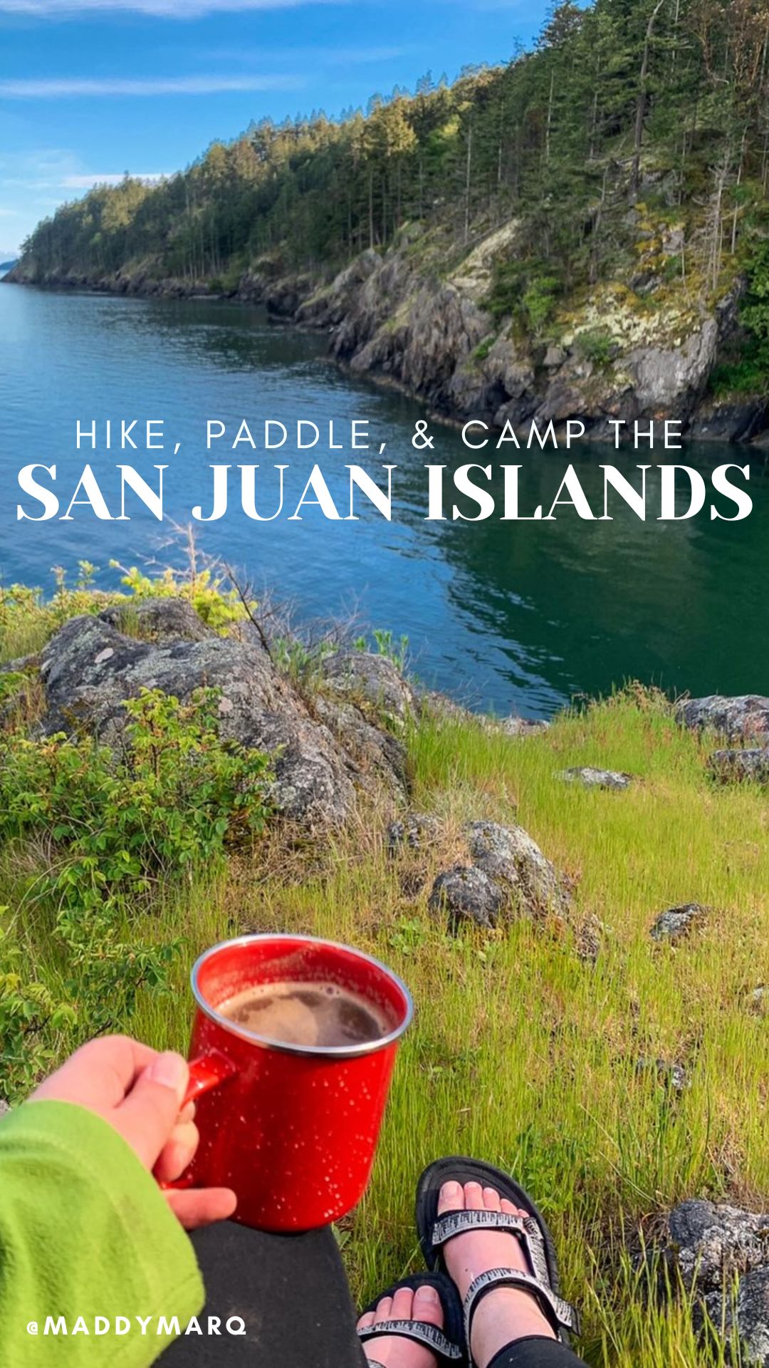 hike, paddle, and camp in the San Juan Islands overnight over image of a cup of coffee at beautiful cliffs on Lummi Island