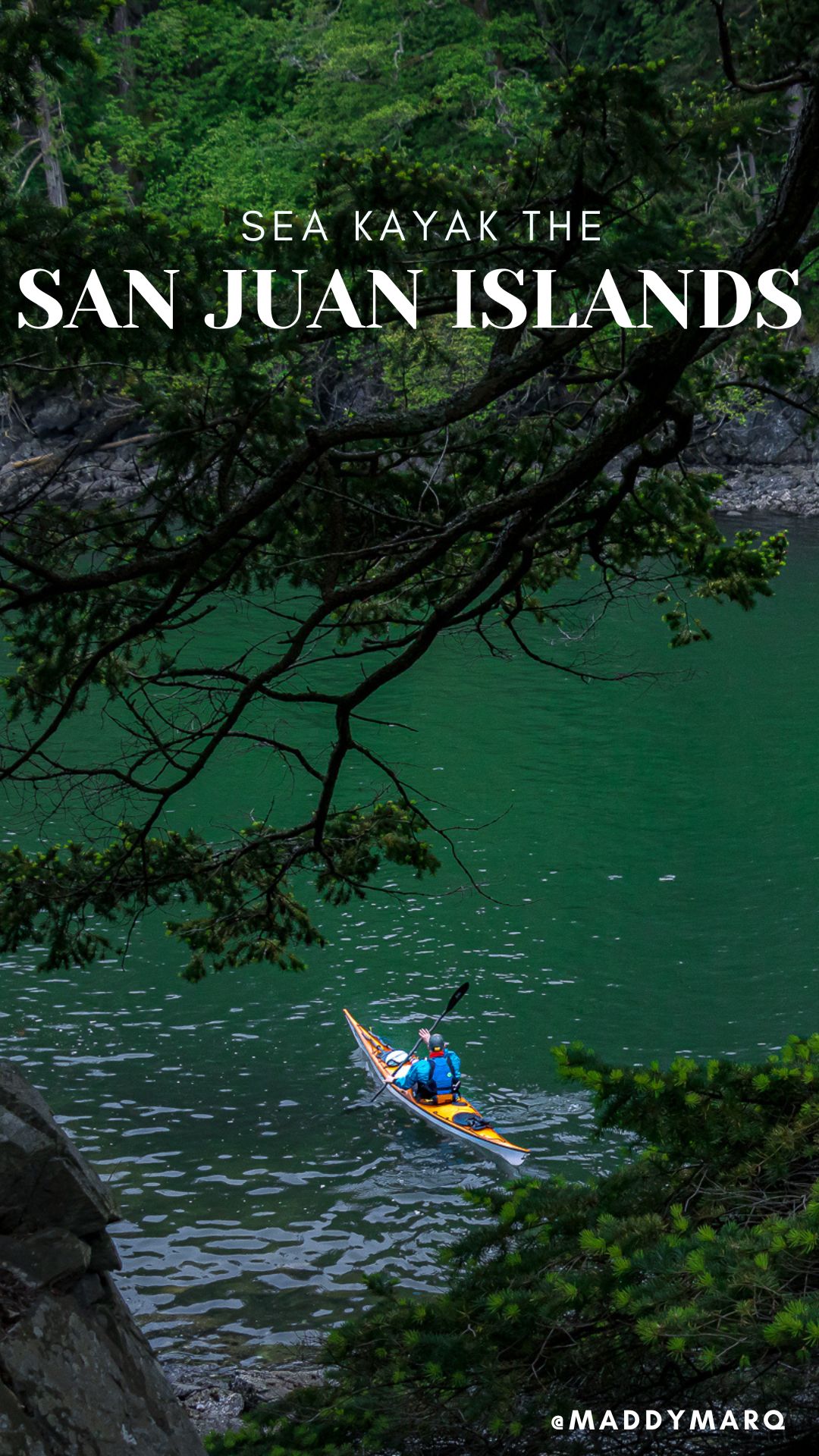 how to visit the San Juan Islands for kayakers over image of a sea kayaker on the Salish Sea in the San Juan Islands