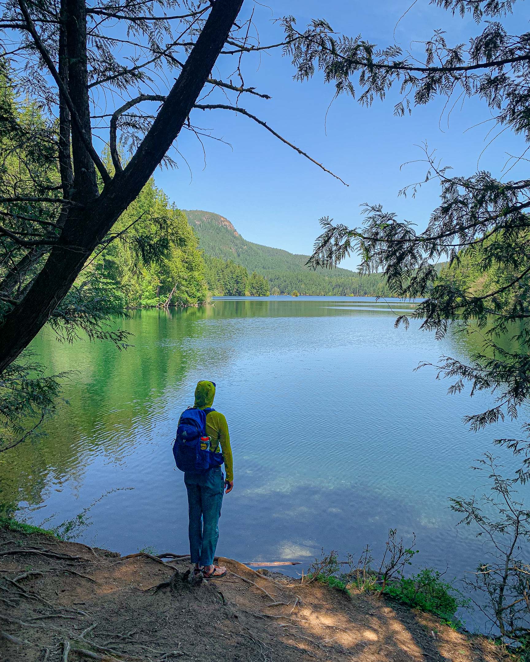 A hiker at Mountain Lake in the San Juan Islands