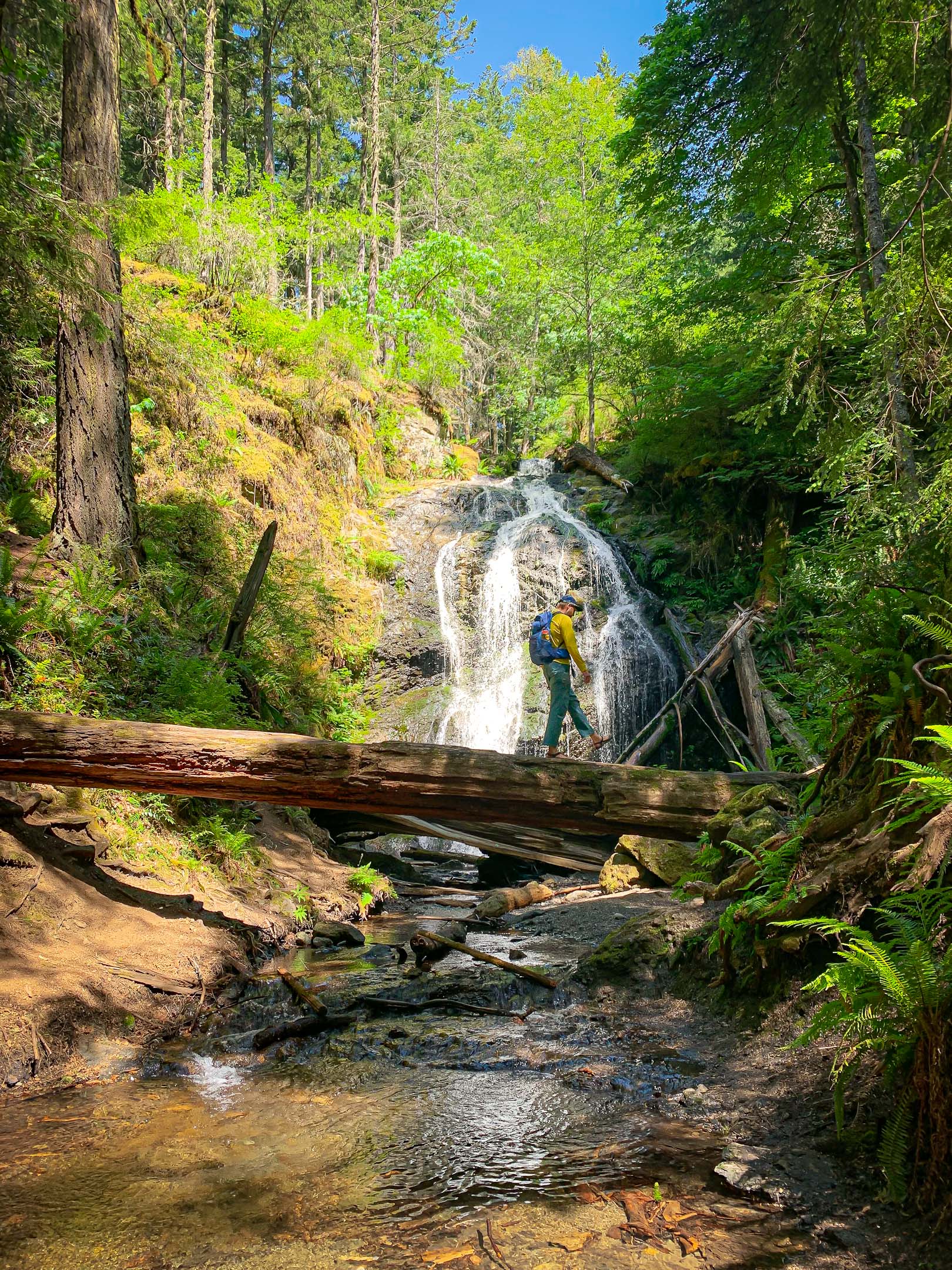 Hiking in front of Cascade falls at Moran State Park on Orcas Island