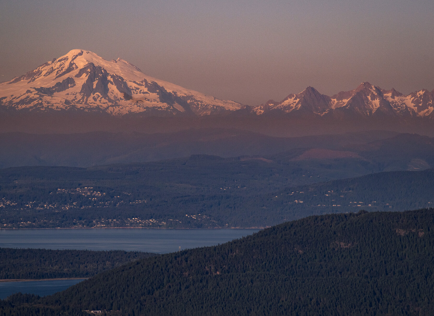 image of mount baker and bellingham below viewed from orcas island in the san juan islands