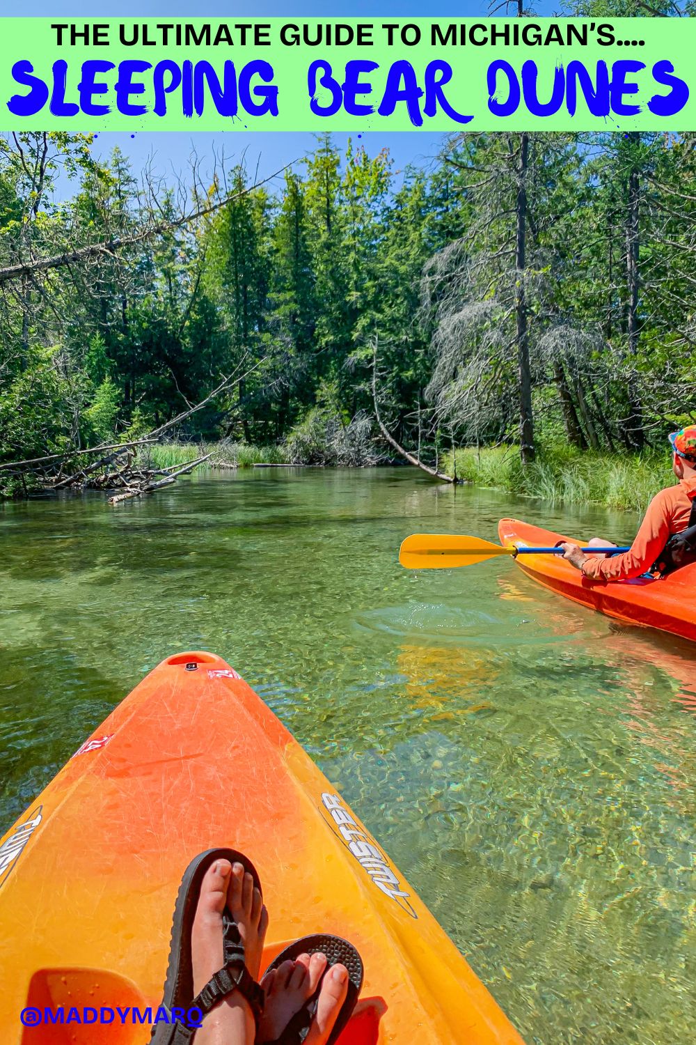 best things to do sleeping bear dunes written over image of a kayaker on the crystal river