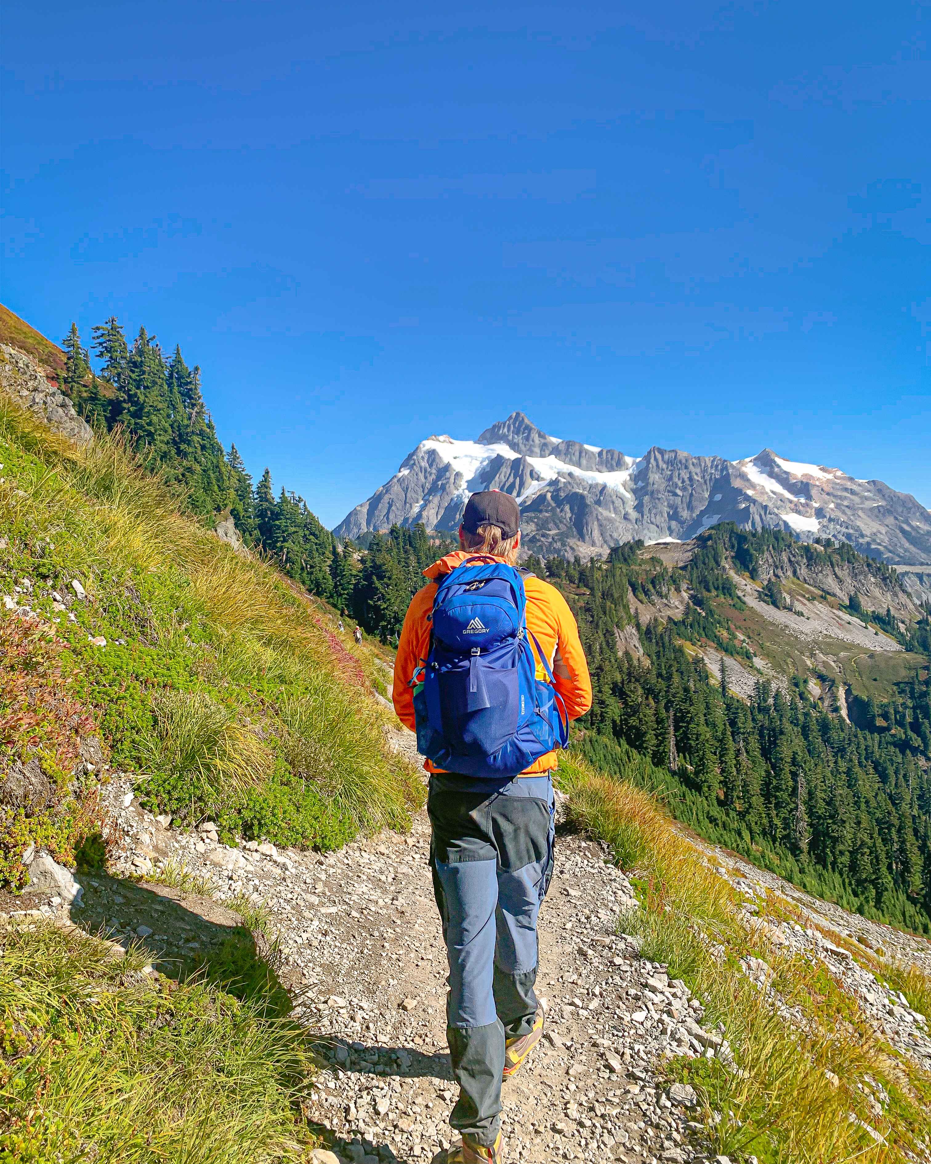 A hiker on a trail on the Chain Lakes Loop, Washington