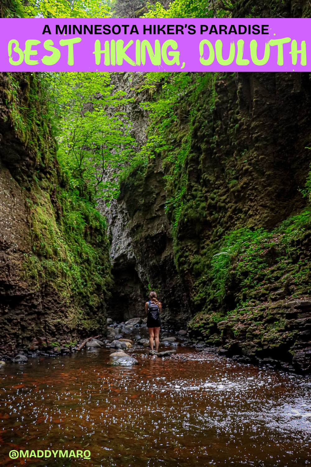 best hiking duluth written over image of a hiker in a waterfall gorge