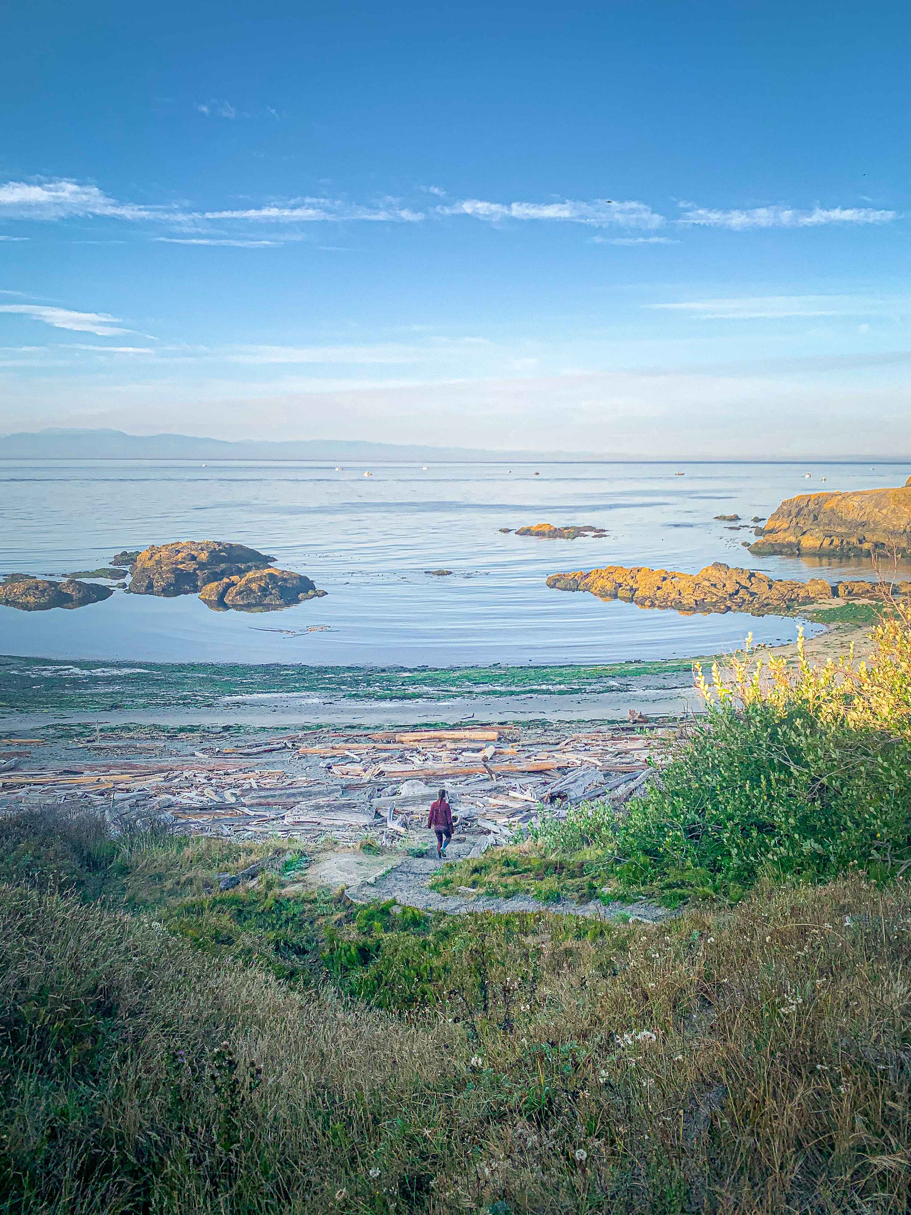 Tidepooling on San Juan Island; a hiker walks toward tidepools near American Camp