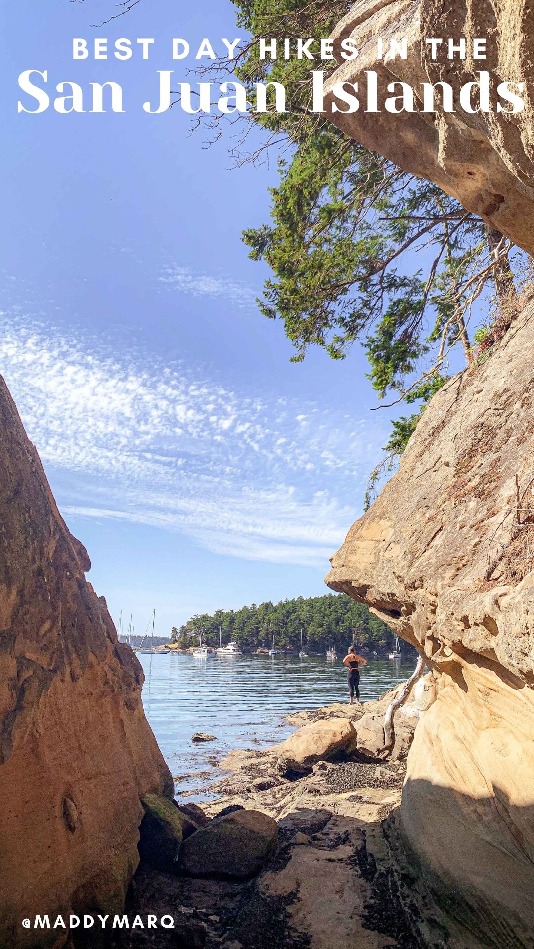 best day hikes in the san juan islands written over image of hiker on sucia island
