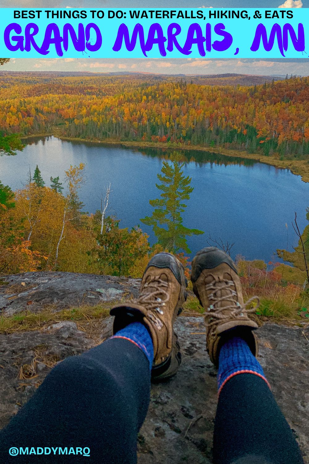 best things to do grand marais mn over image of hiking boots at an overlook in fall color