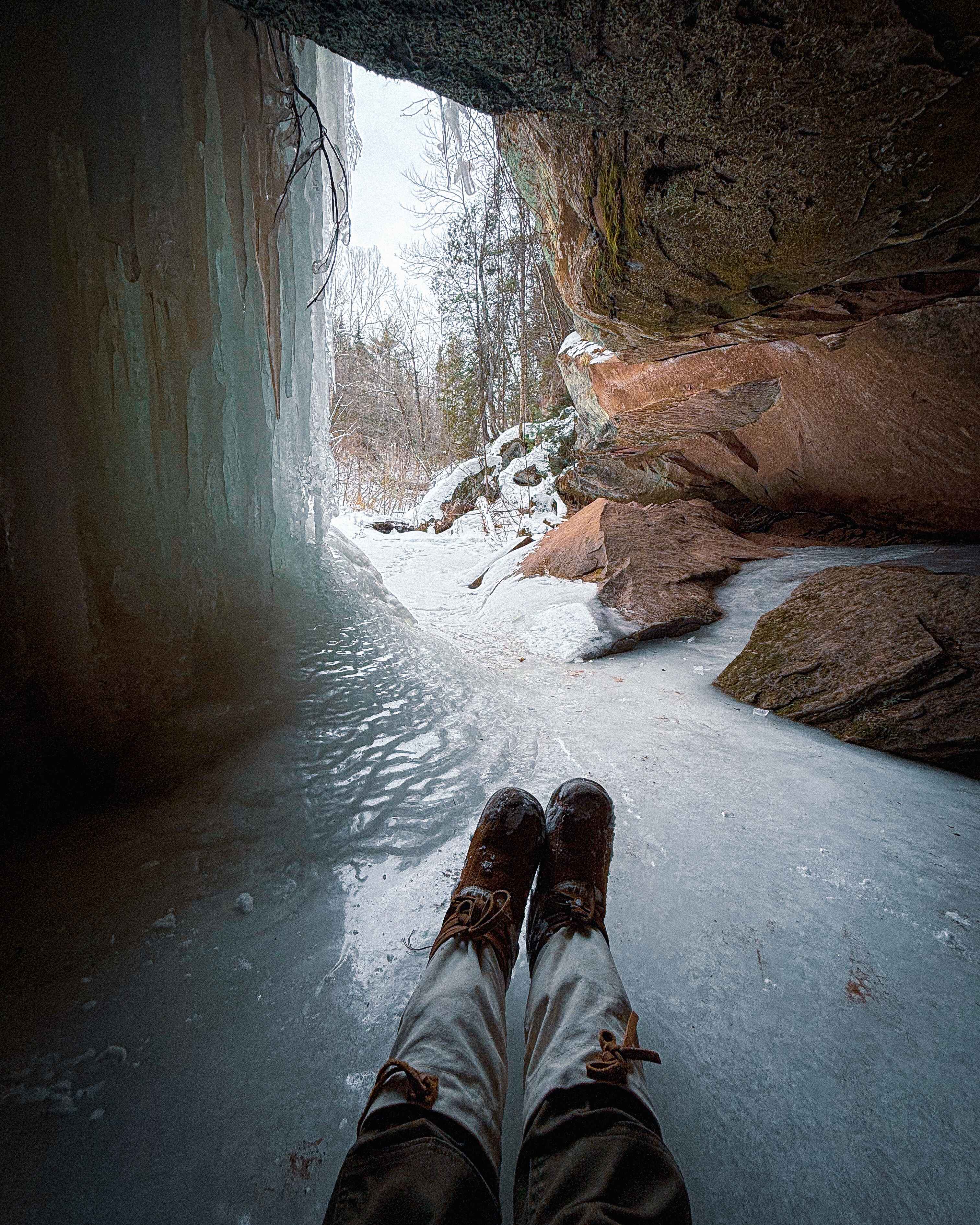 image of an ice cave behind a waterfall in northern wisconsin