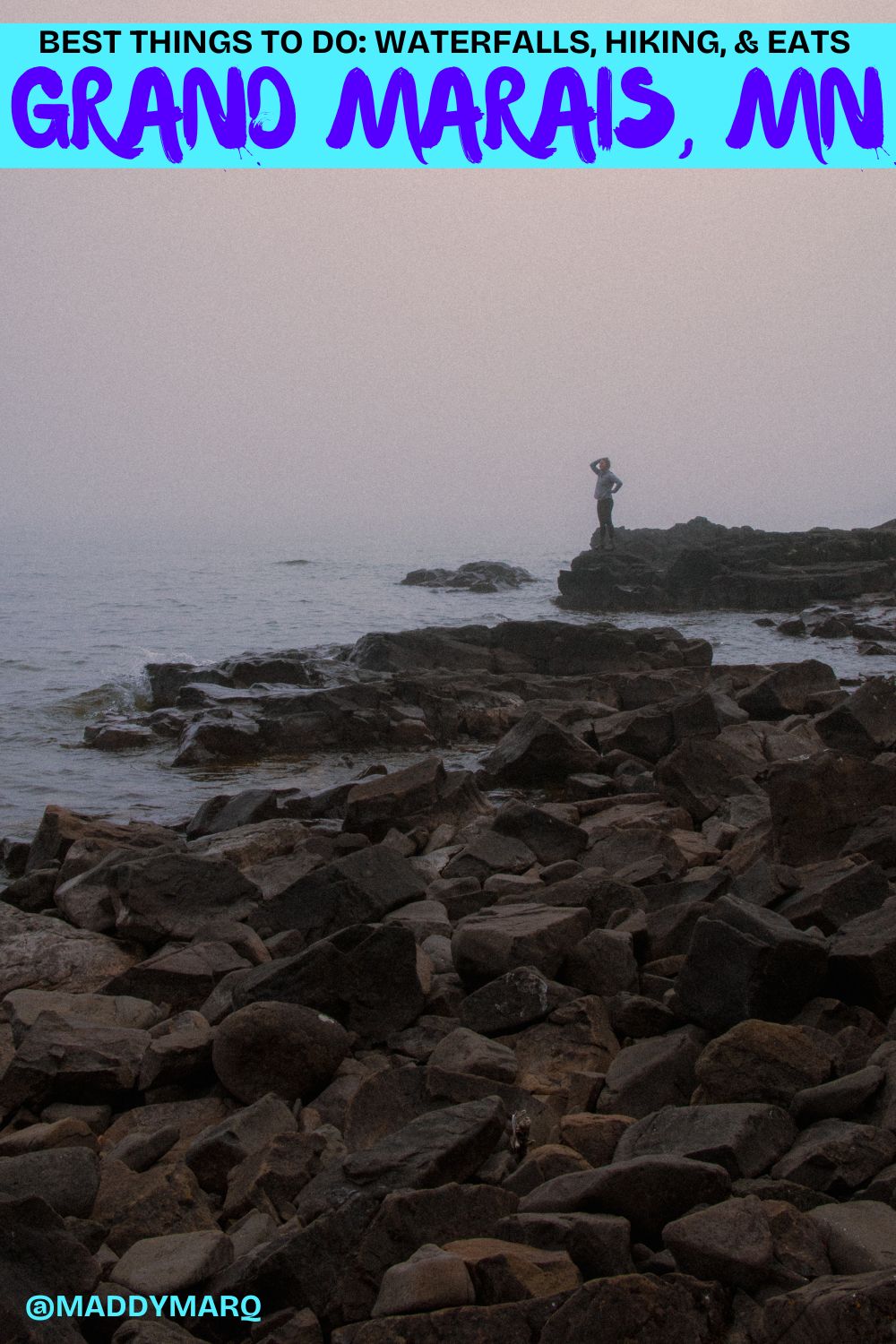 what to do grand marais mn written over image of a hiker on lake superior in the fog