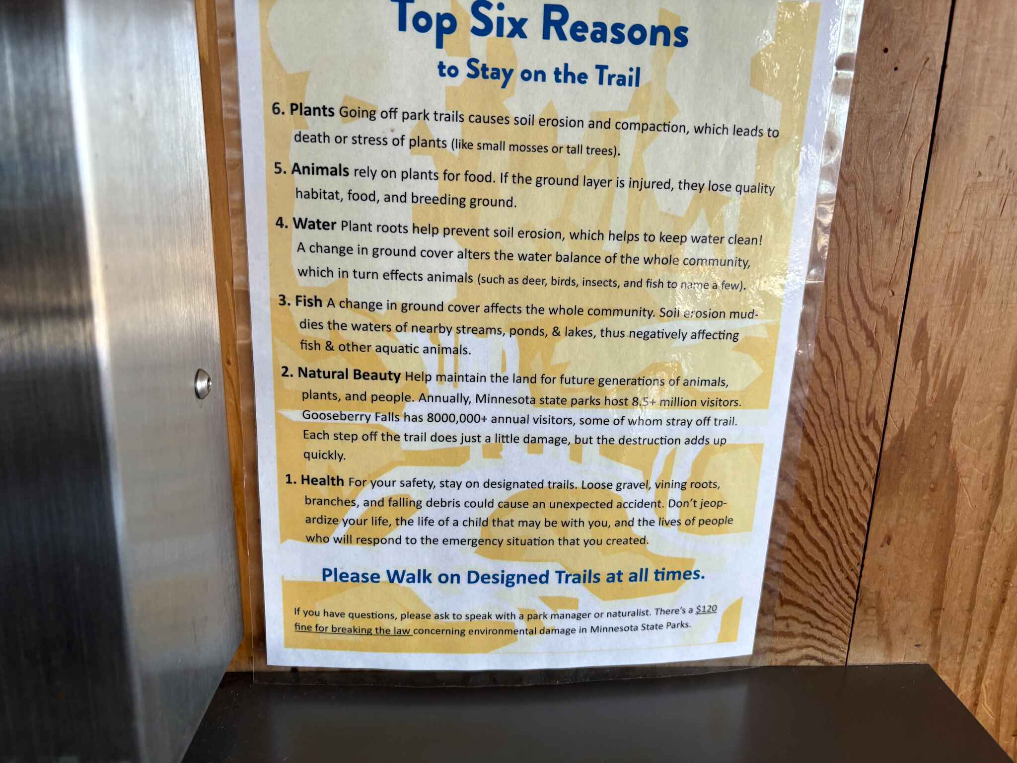 Six reasons to stay on trail, a Leave No Trace in Minnesota guide posted at the Gooseberry Falls Visitors Center Bulletin Board