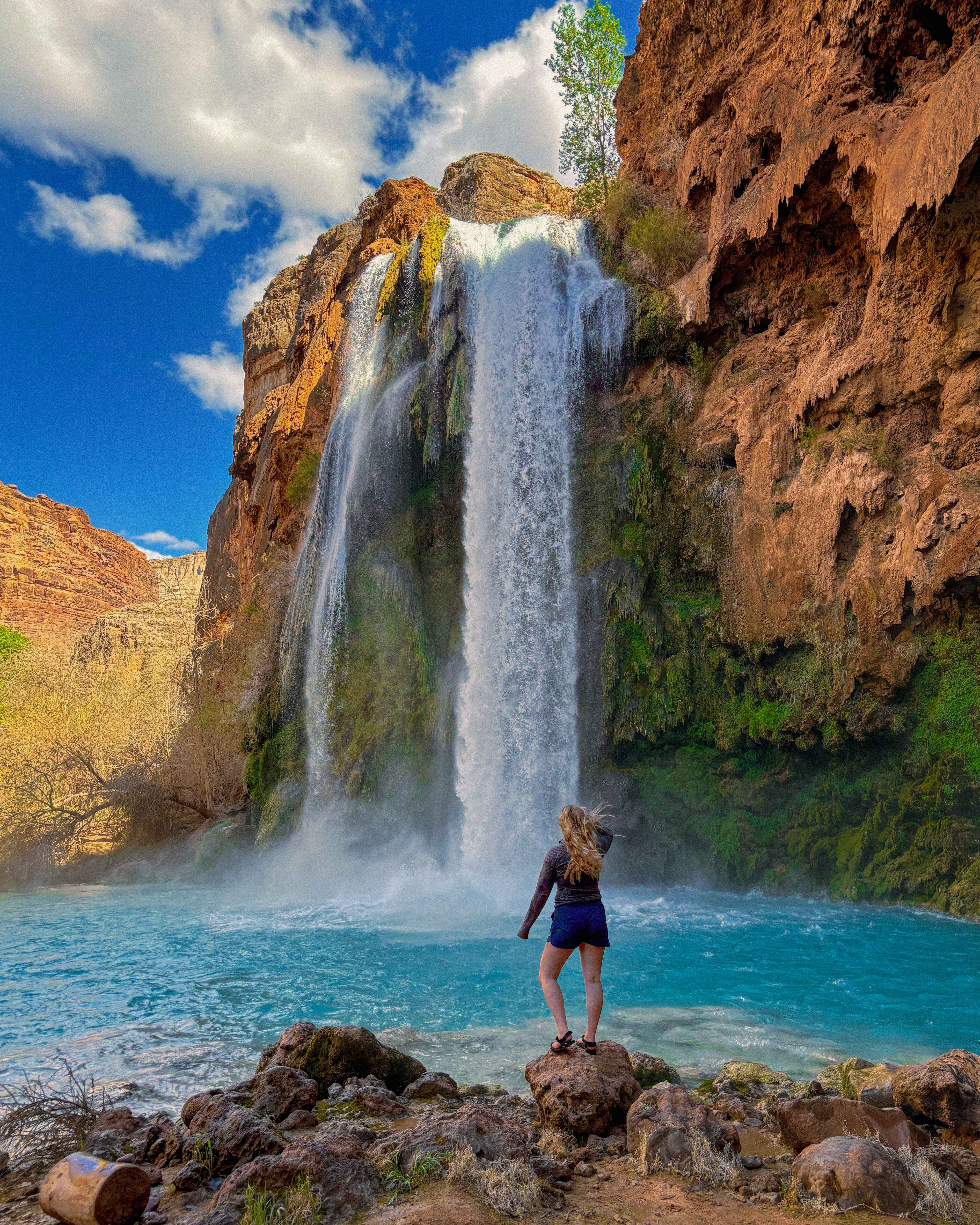 A hiker in front of Havasu Falls in Arizona