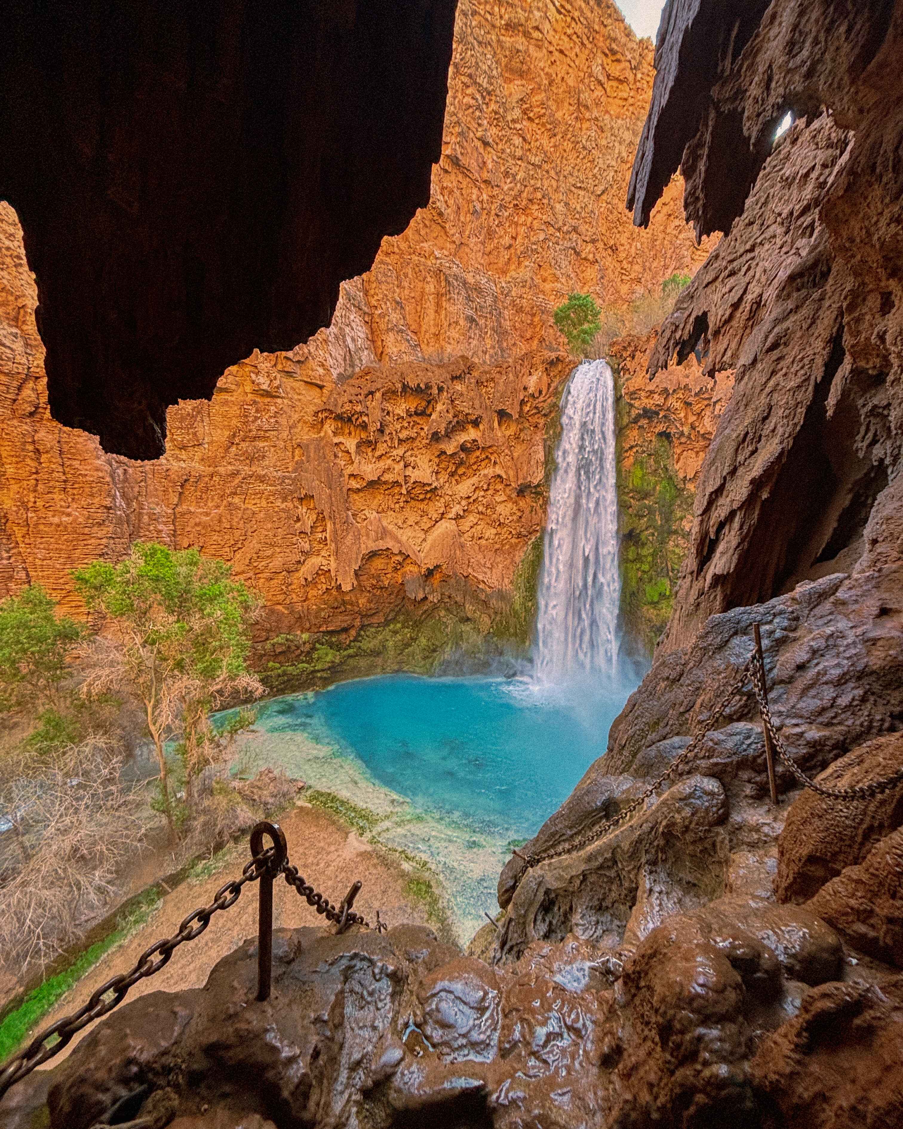 the view of mooney falls on the Havasu Falls Trail in the Grand Canyon in Arizona