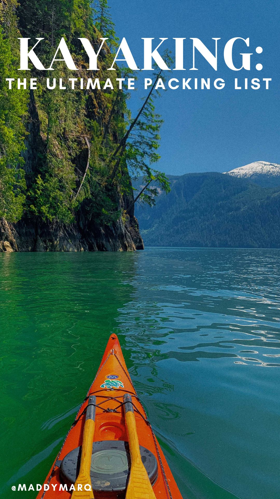 what to pack for kayaking trip adventure written over an image of a sea kayak exploring beautiful Toba Inlet in British Columbia