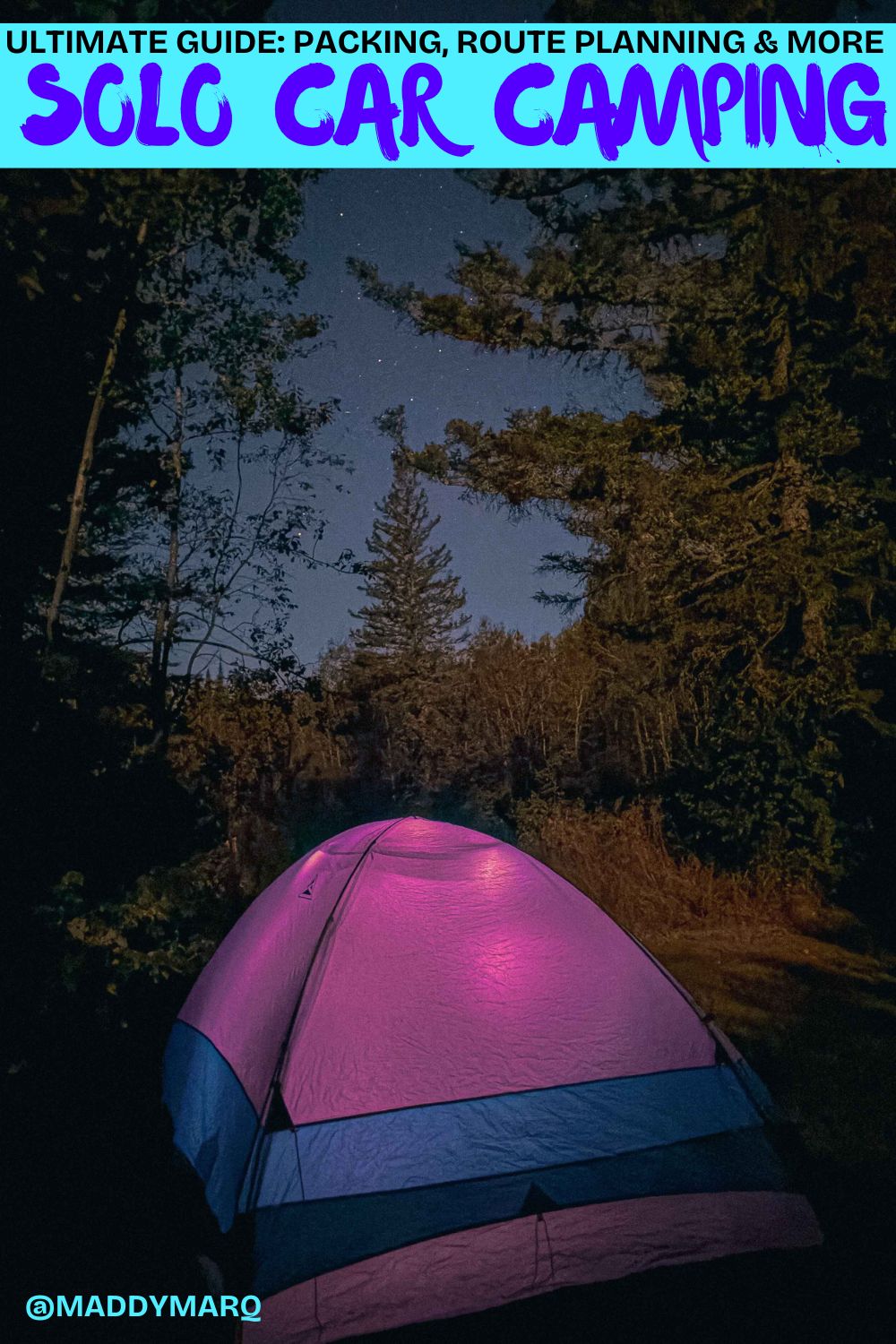 how to car camp for beginners written over image of a tent with lights in it at night