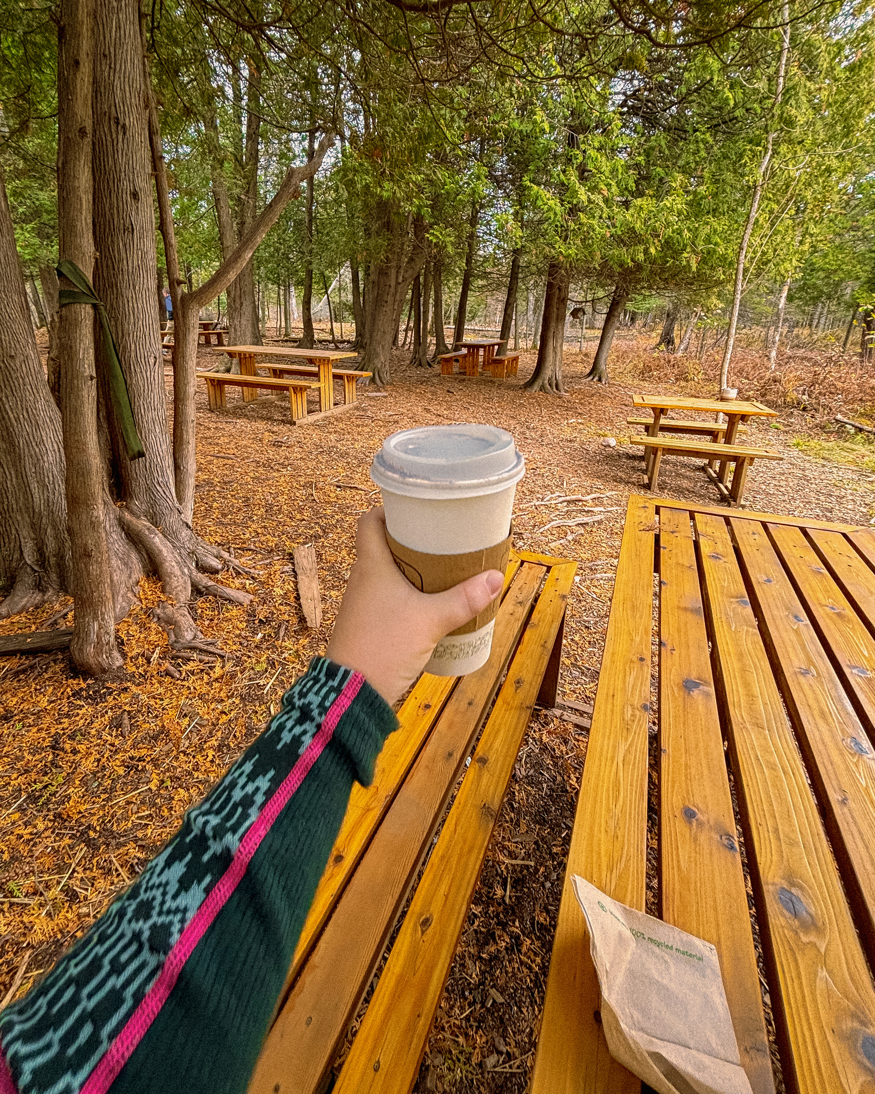 coffee in the woods with Kari Traa, one of the best womens baselayers for winter hiking
