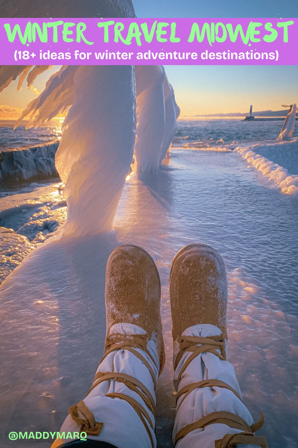 best winter travel destinations midwest over image of winter boots at a lookout