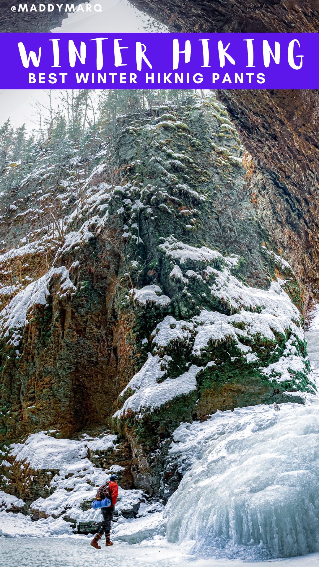 Text "best baselayers for winter hiking for women" over image of winter hiking