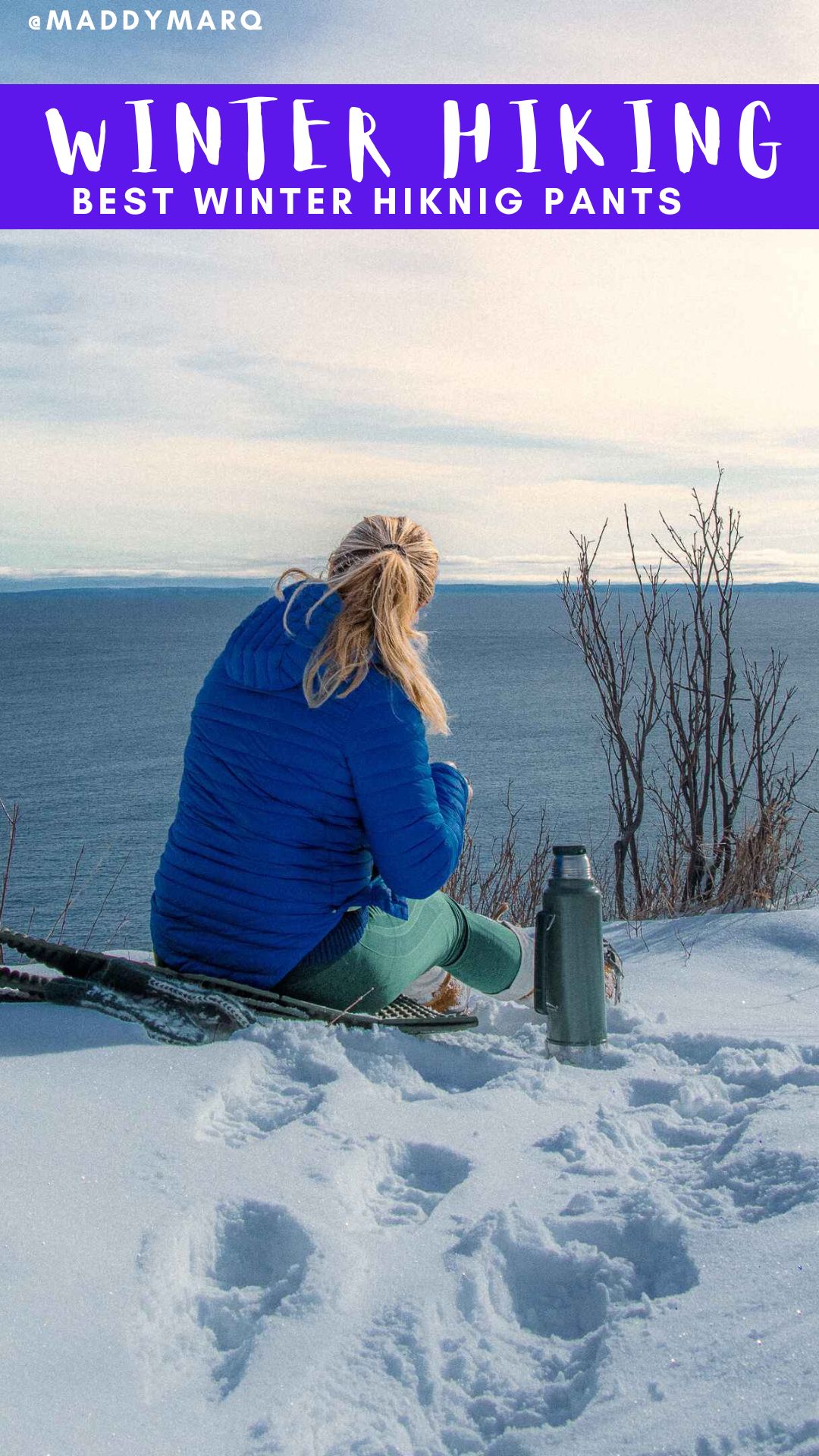 text best winter hiking pants for women over image of a woman having coffee outside after a winter hike