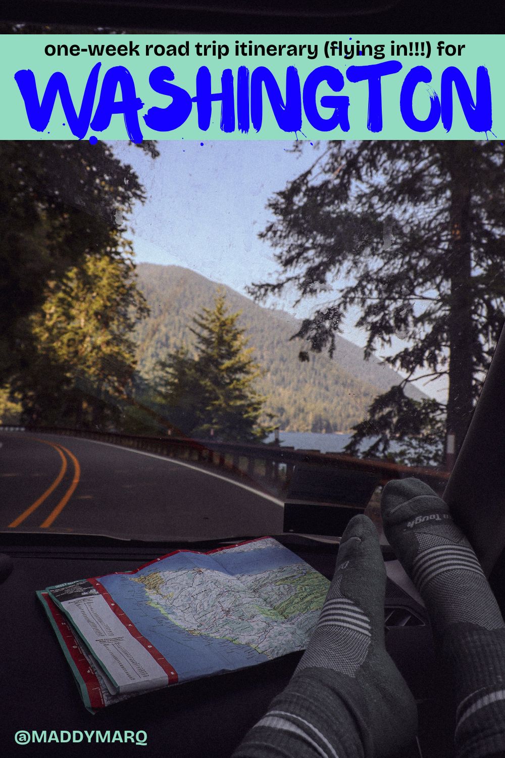 "one week washington road trip guide" written over image of a road tripping in Olympic National Park