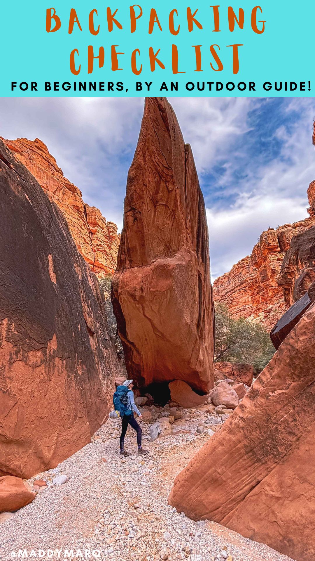 "backpacking checklist by an outdoor guide for beginners" written over image of a backpacker in the grand canyon