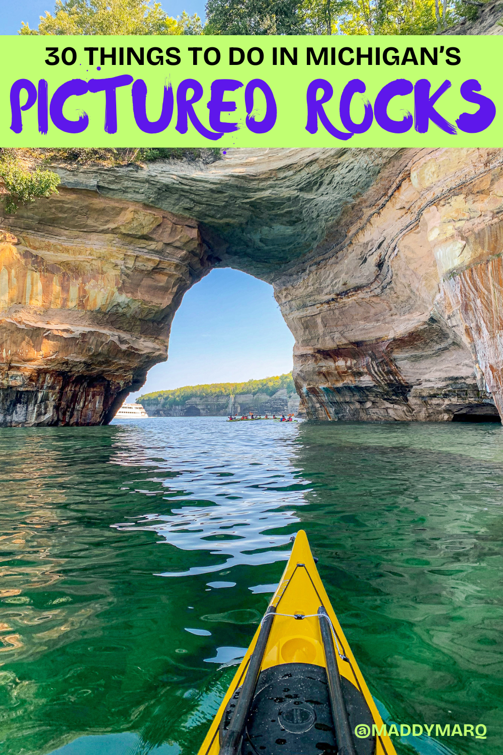 Best things to do in the Pictured Rocks, Michigan over image of kayaking lovers leap in the pictured rocks