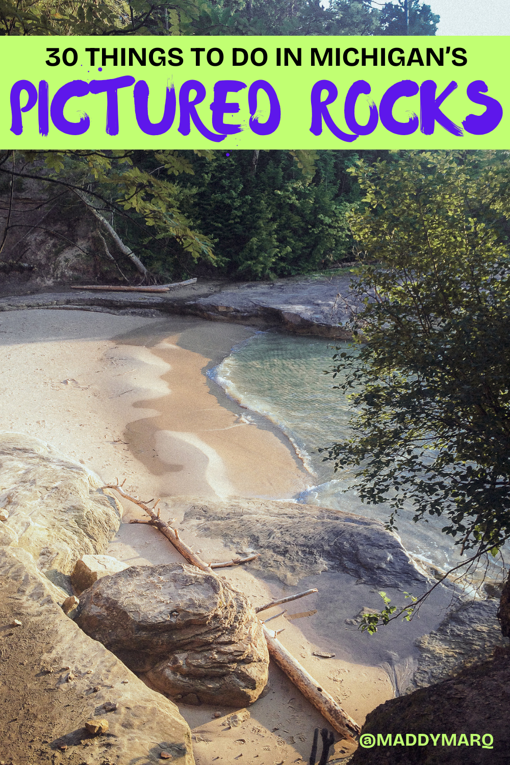 best things to do in the pictured rocks michigan written over image of a beach in the pictured rocks