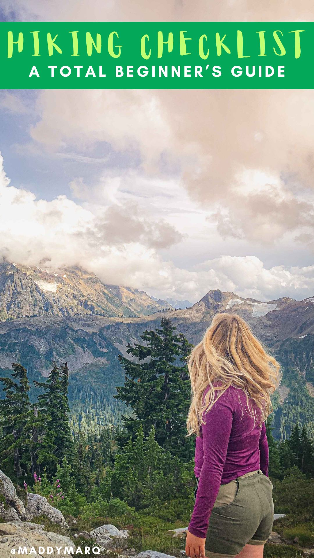text what to wear hiking for beginners over image of a hiker in the north cascades