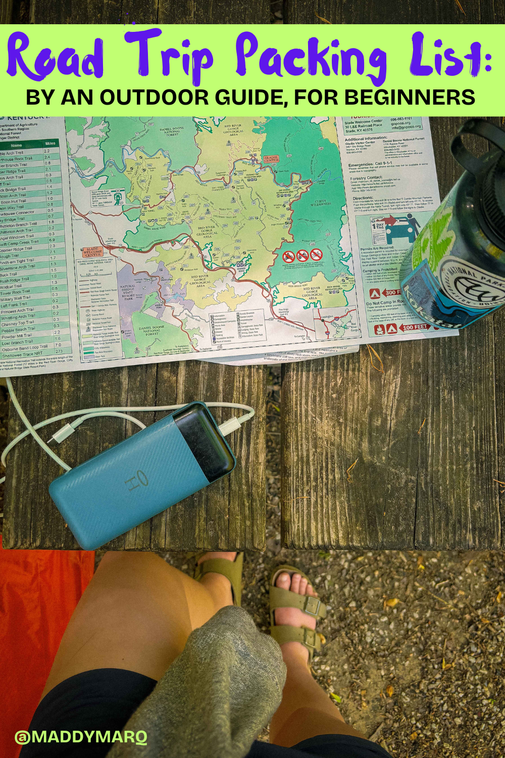 "Road trip packing list for beginners by an outdoor guide" written over image of road trip planning on a map with an external battery in the photo