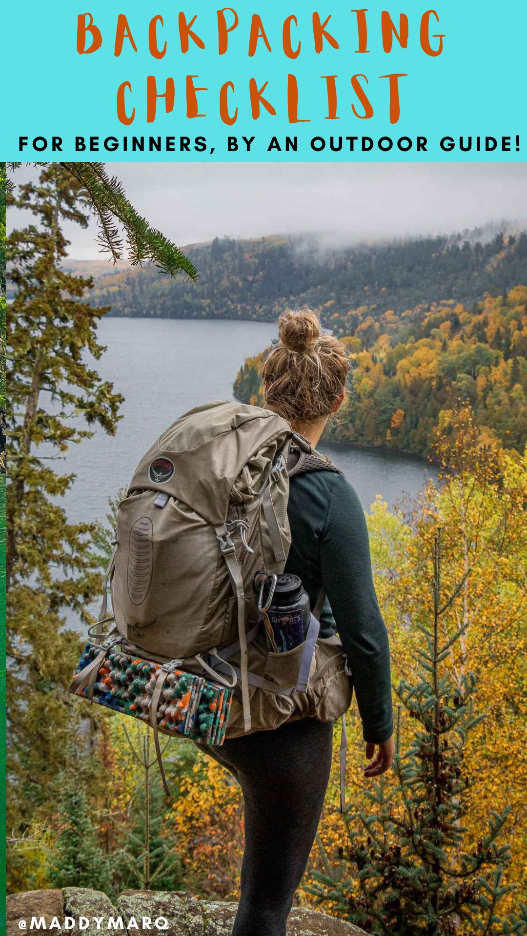Backpacking Checklist for beginners by an outdoor guide written over image of a backpacker on the Border Route Trail in Northern Minnesota
