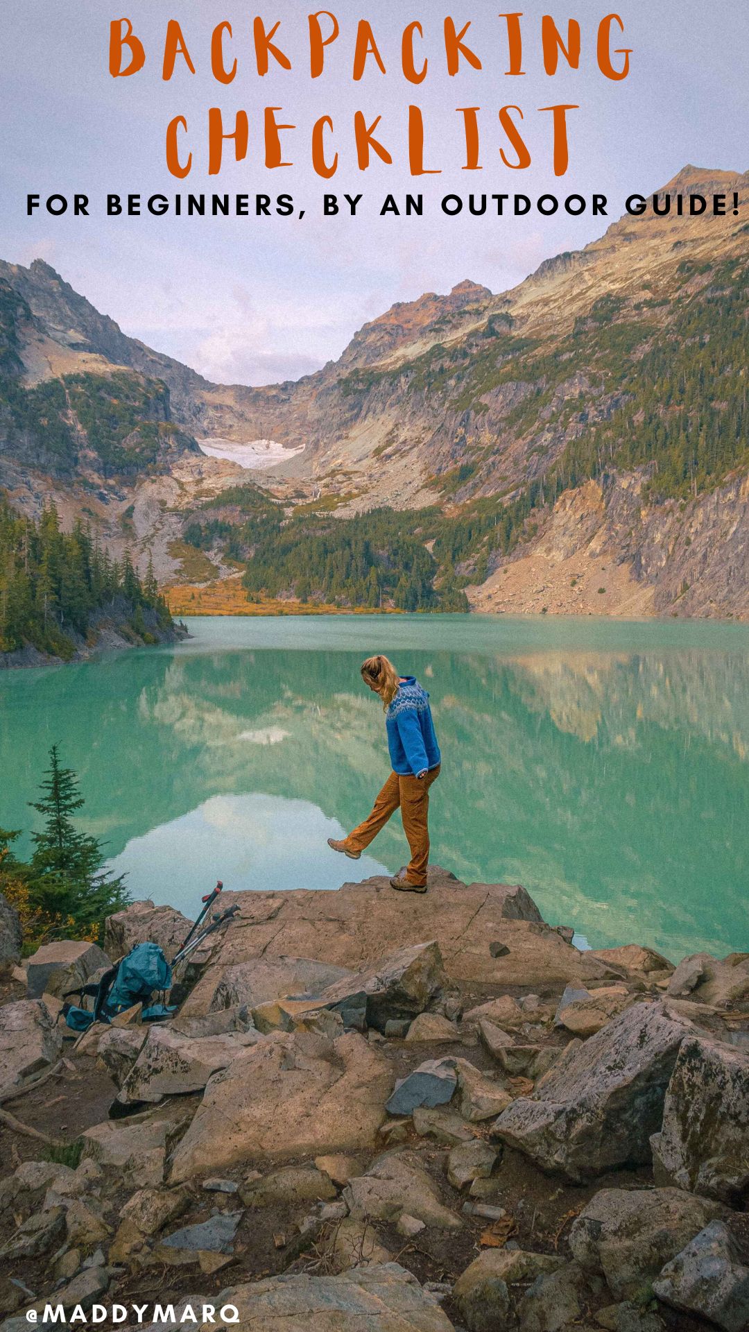 "backpacking checklist for beginners by an outdoor guide" written over image of a backpacker in the North Cascades