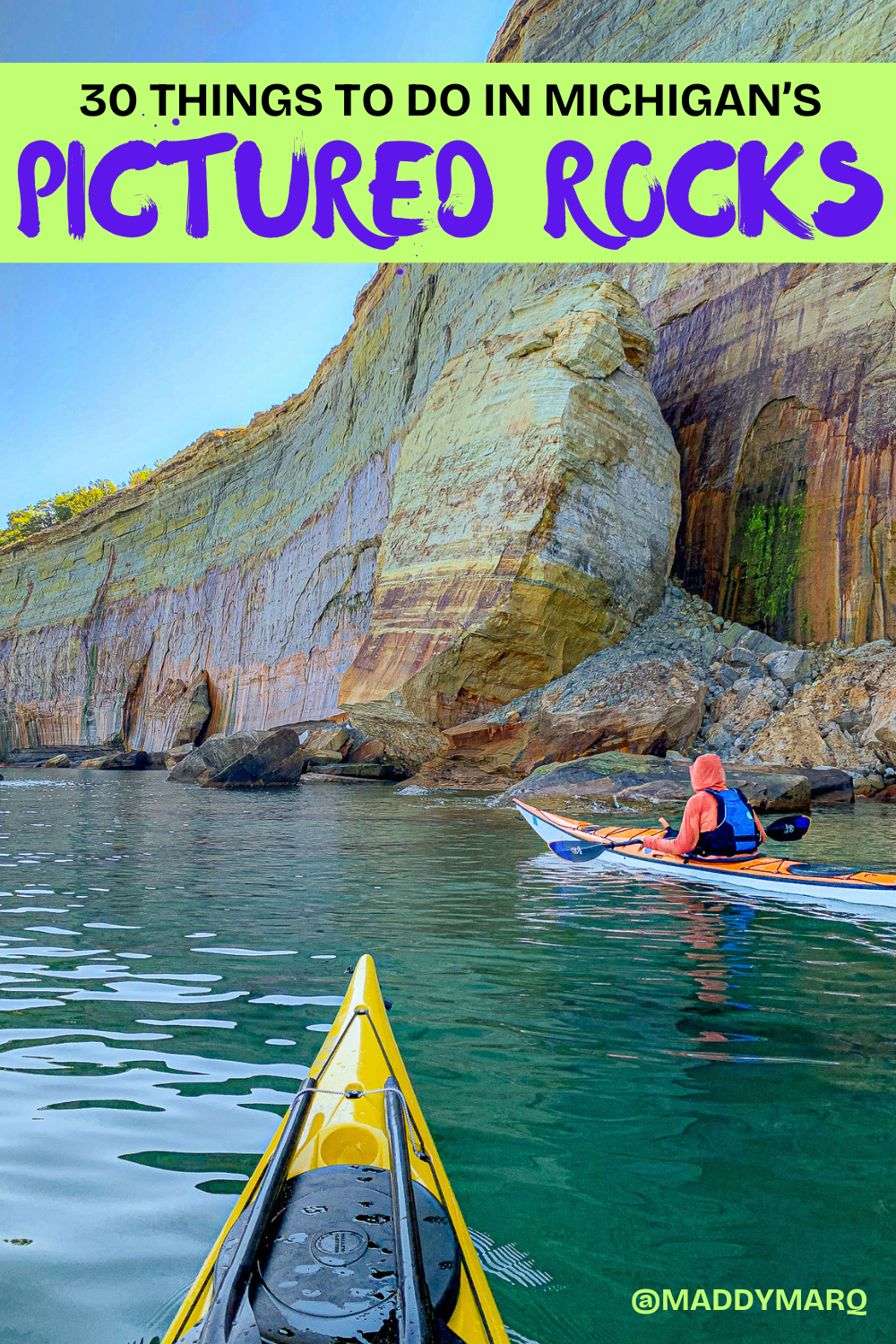 best things to do in the pictured rocks written over image of sea kayaking the pictured rocks