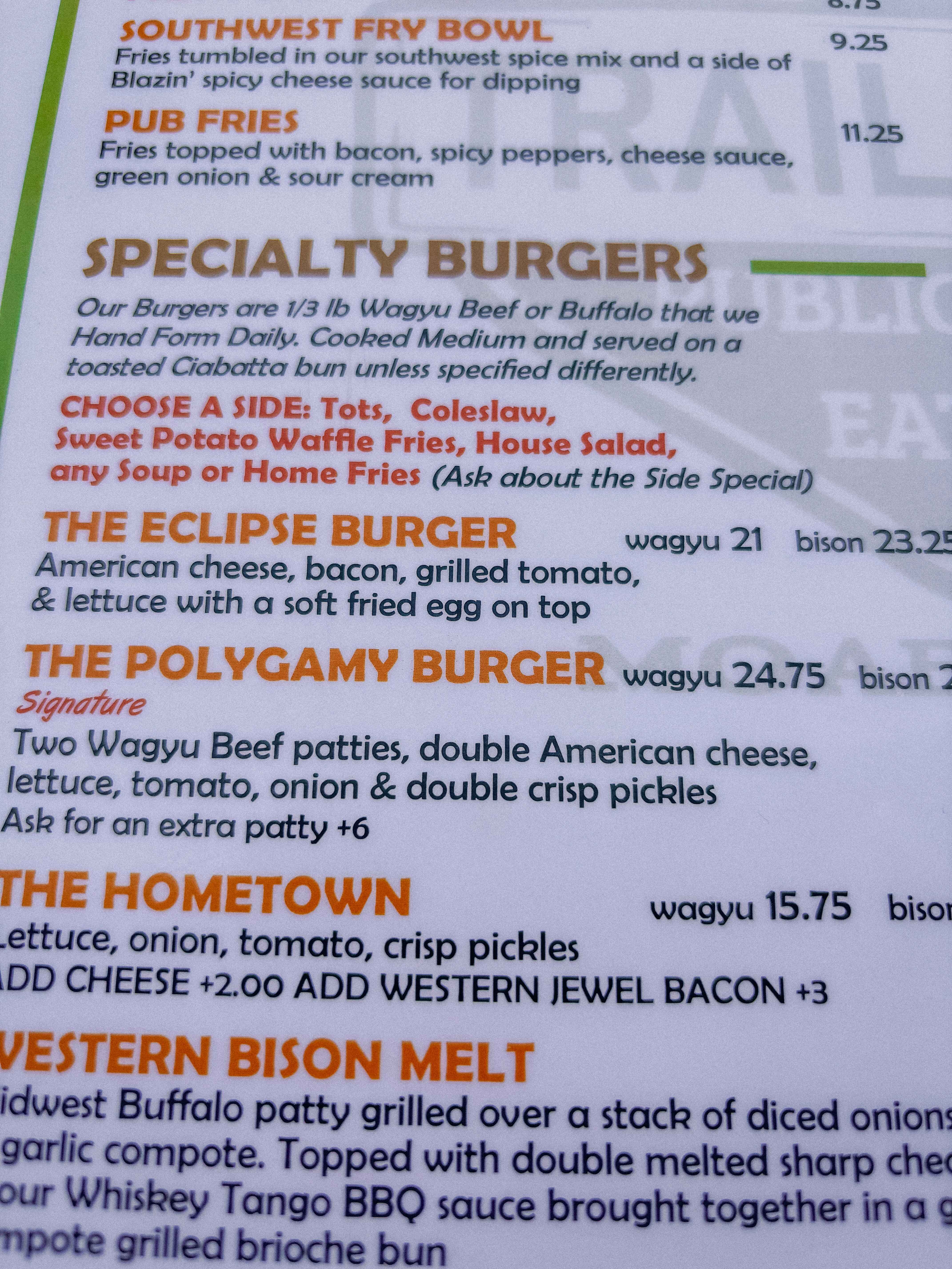 Menu at Trailhead Eatery Moab