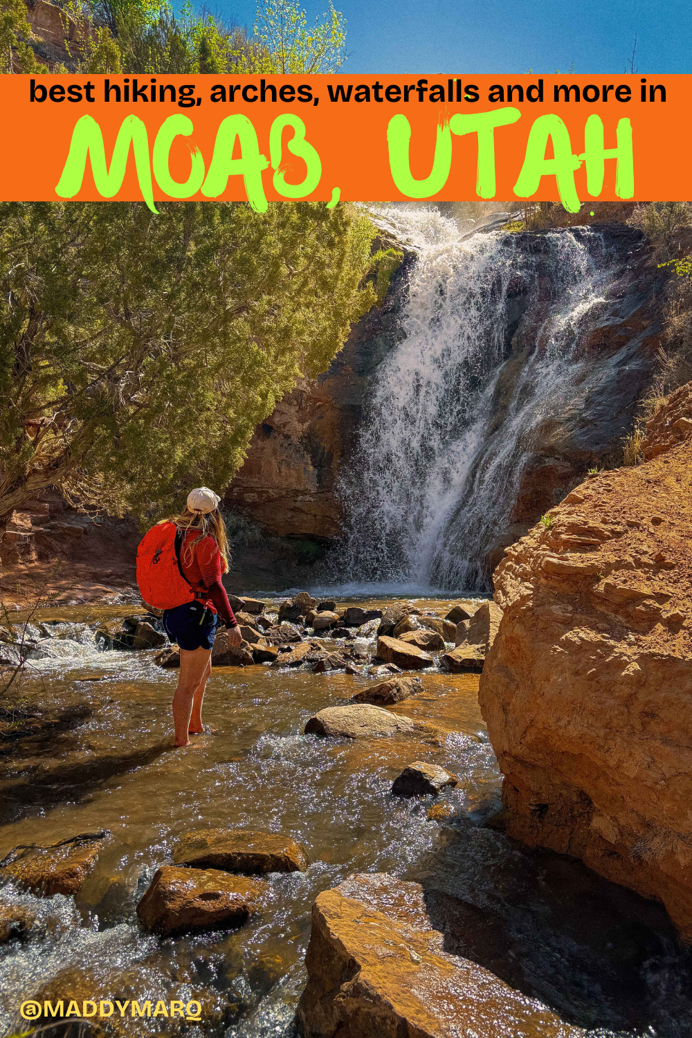 text best hiking waterfalls and slot canyons near Moab Utah over image of a hiker on the Kens Lake trail